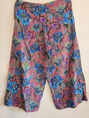 Floral Wide-Leg Silk Blend Pants - Rose Background with Blue Bloom Print